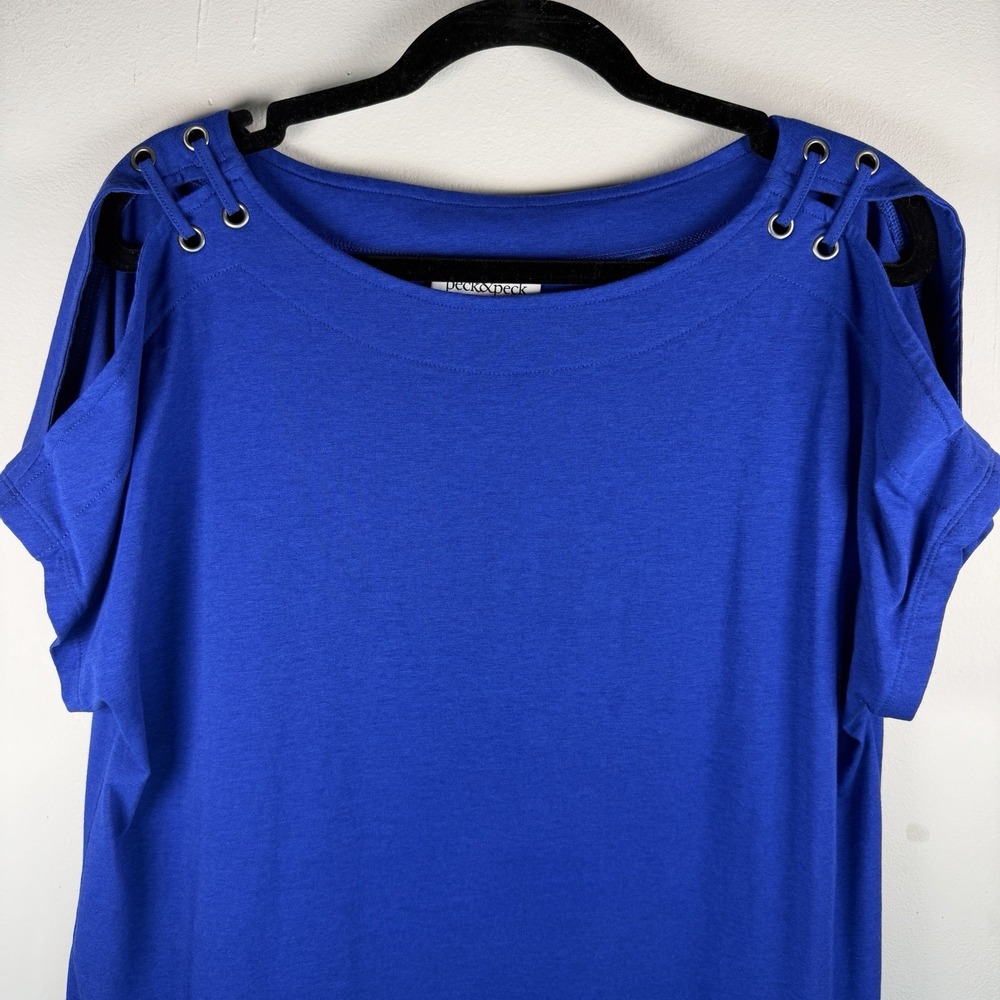Peck & Peck‎ Women's Size M Blue Shirt Rope Detail Shoulder Short Sleeve